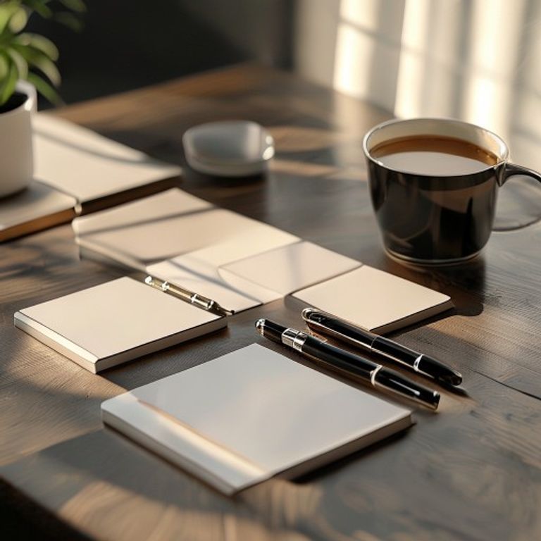 A high-quality collection of organized memo pads and stationery on a clean wooden desk.