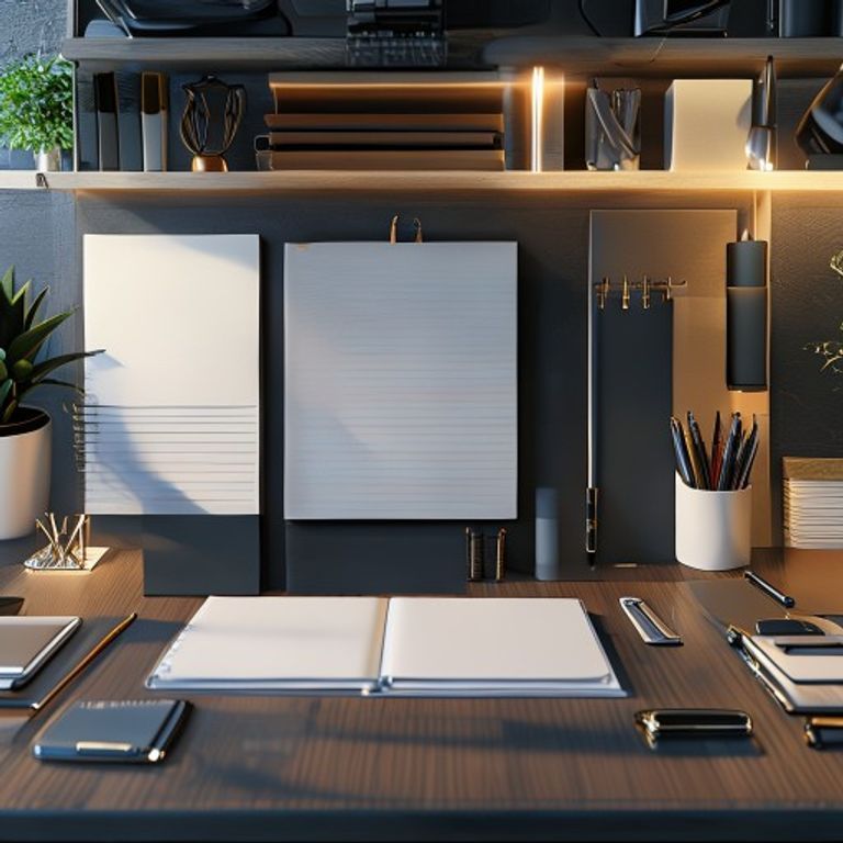 A clean desk setup featuring high-quality Office Stationery like notebooks, pens, and paper organizers.