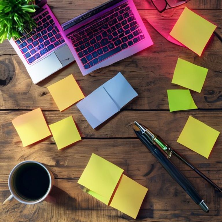 A professional desk workspace organized with colorful sticky notes for peak productivity