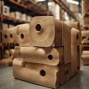 High-quality brown paper rolls stacked for business shipping and packaging needs.