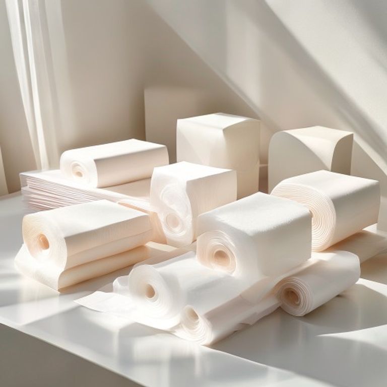 A stack of premium tissue paper rolls used for professional and home cleaning.