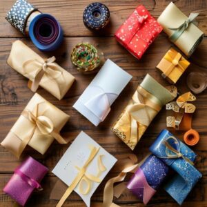 A diverse selection of high-quality wrapping paper rolls spread out for gift preparation.