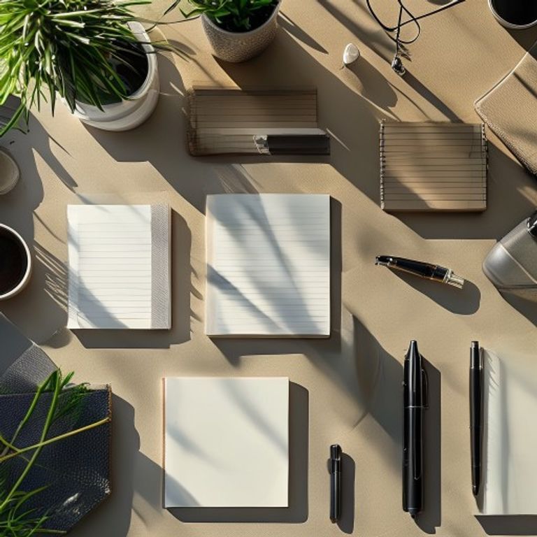 A collection of high-quality writing pads organized on a clean office desk